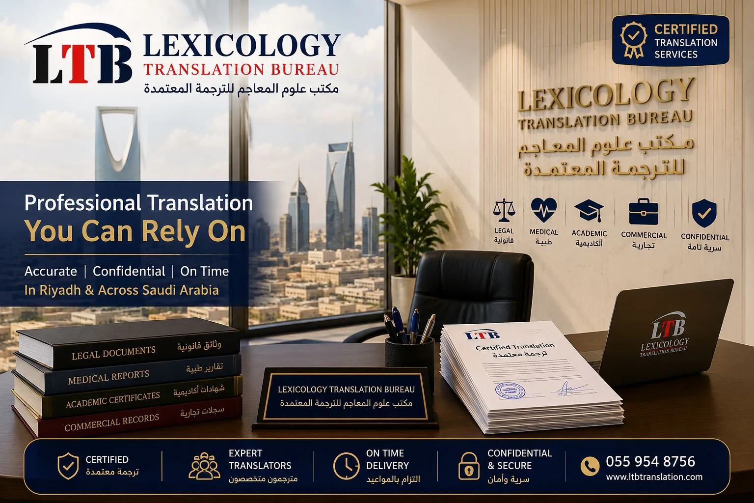 مراجعة وثائق رسمية في مكتب علوم المعاجم للترجمة المعتمدة في الرياض