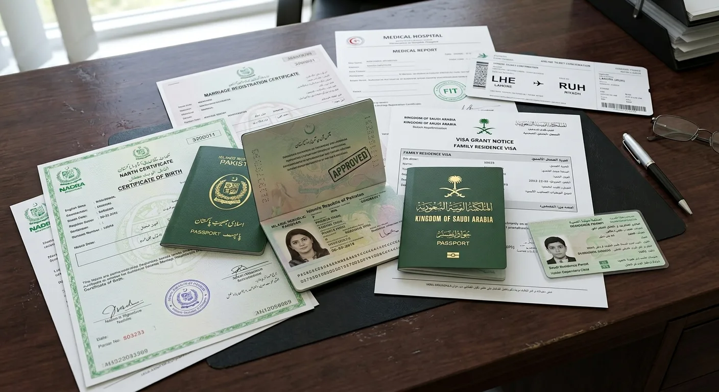Pakistani family preparing documents for a Saudi family residence visa