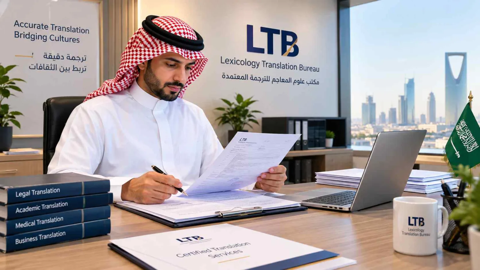 Translation office in Riyadh reviewing documents and preparing a certified translation quotation at LTB