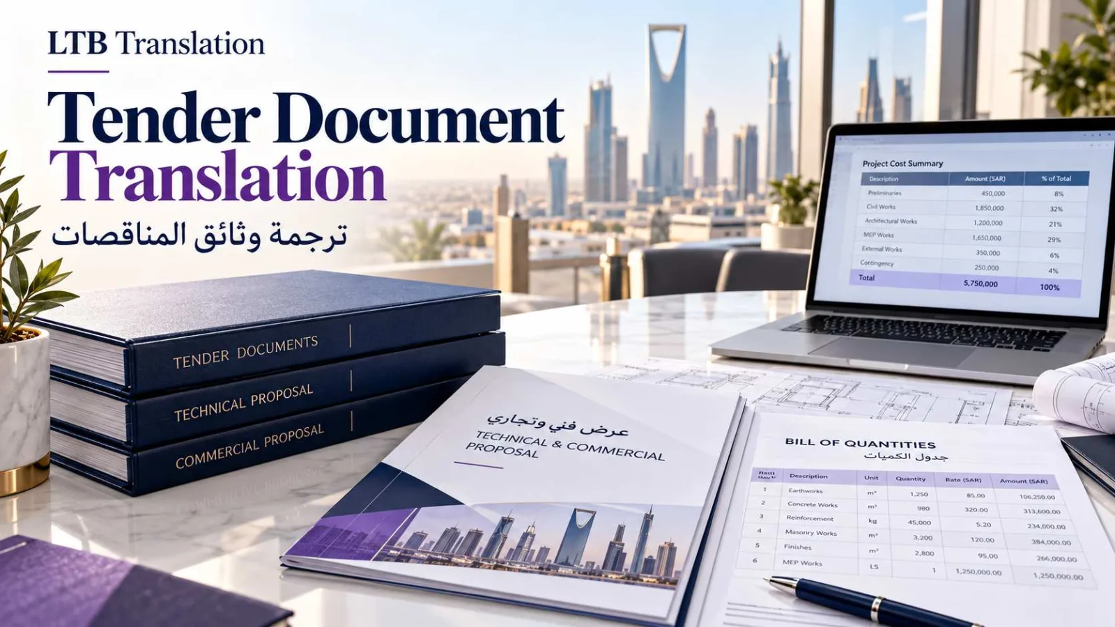 Tender documents, a bill of quantities and Arabic-English proposals arranged on an office desk