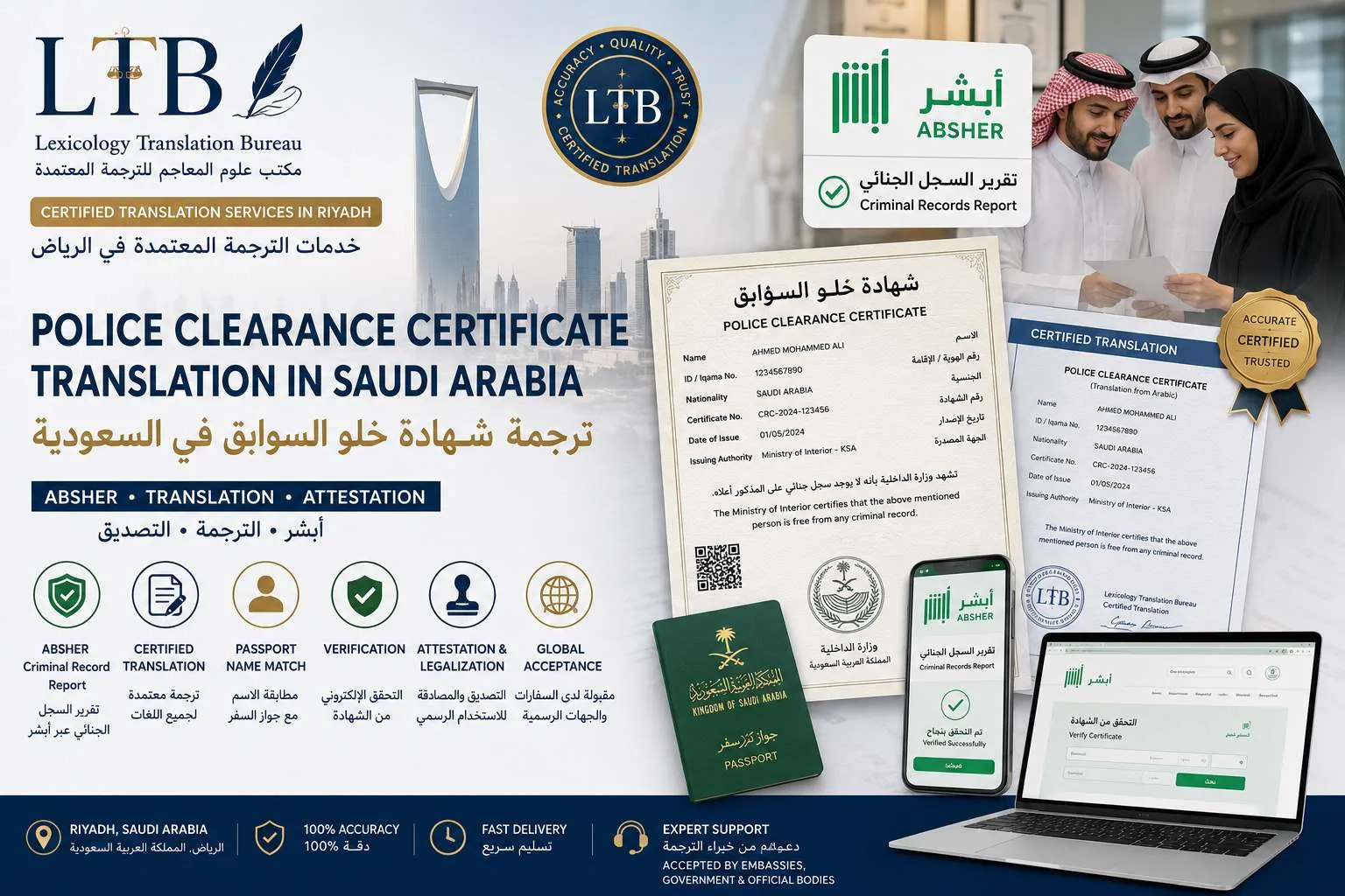 ترجمة شهادة خلو السوابق في السعودية مع تقرير السجل الجنائي عبر أبشر وجواز السفر ومراجعة الترجمة المعتمدة.