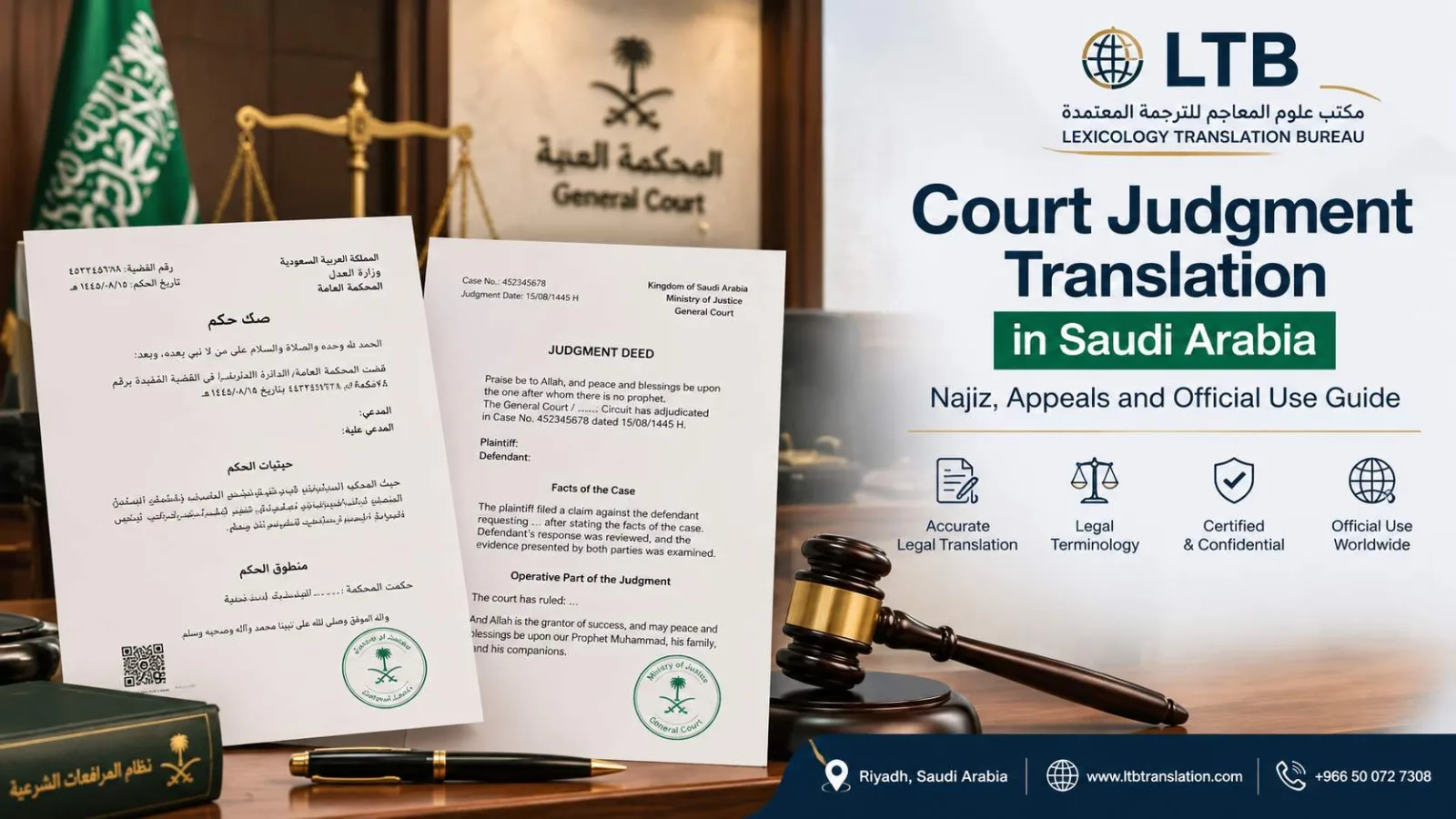 ترجمة الأحكام القضائية في السعودية ومراجعة الحكم القانوني بالعربية والإنجليزية