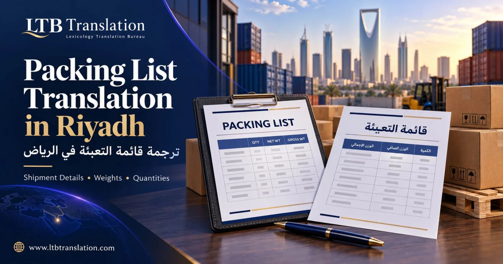 ترجمة قائمة تعبئة بالعربية والإنجليزية توضح كميات الشحنة وأوزان الطرود وأبعادها